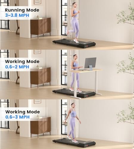 Three images showing a treadmill with different modes: running, working with desk, and walking.