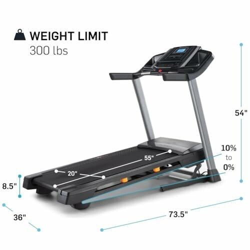 Treadmill with dimensions and 300 lbs weight limit.