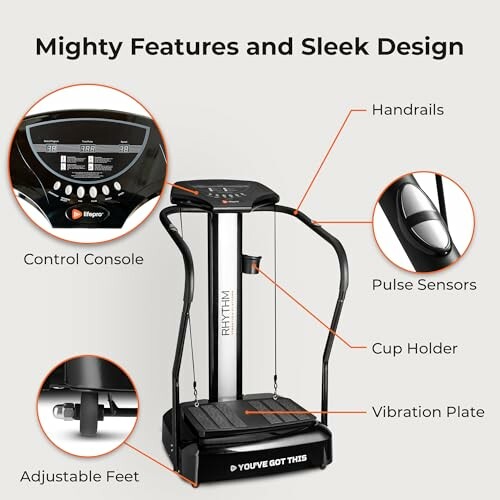 Vibration machine with handrails, control console, pulse sensors, cup holder, adjustable feet, and vibration plate.