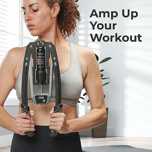 Woman using a fitness device with the text 'Amp Up Your Workout' in the background.