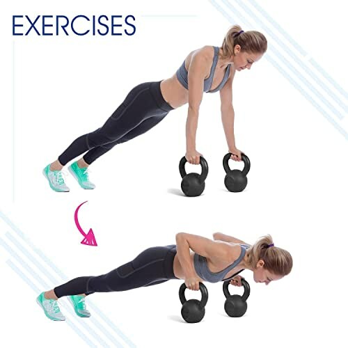 Woman performing push-ups using kettlebells.