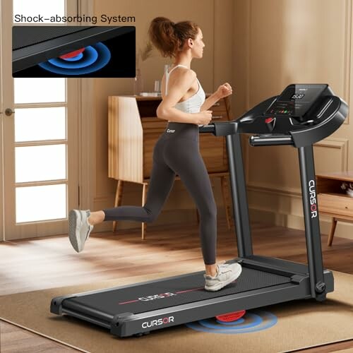 Woman jogging on a treadmill with shock-absorbing system.