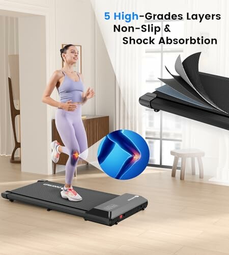 Woman running on a treadmill with shock absorption feature