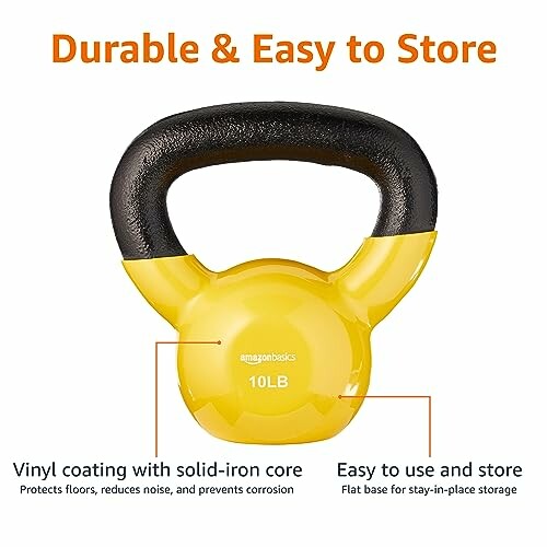 Yellow 10-pound kettlebell with black handle and text about durability and storage.